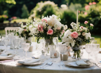 Okrągły stolik weselny - nakrycie w ogrodzie. Bukiety róż i zastawa kryształowa. Ślub w plenerze