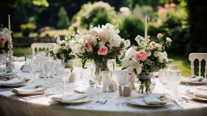 Okrągły stolik weselny - nakrycie w ogrodzie. Bukiety róż i zastawa kryształowa. Ślub w plenerze